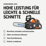 Husqvarna 225i Akku-Kettensäge - Leicht, kabellos, leise, 14″ Schiene, 20 m/s Kettengeschwindigkeit, ideal für Baumschnitt und Gartenpflege (inkl. Akku & Ladegerät)