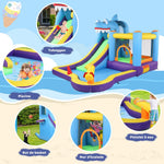LEADZM Castillo hinchable con soplador, parque acuático inflable con temática de tiburón, con trampolín, tobogán, piscina, pistola de agua, adecuado para 3 niños de 3 a 10 años, 380x260x240 cm