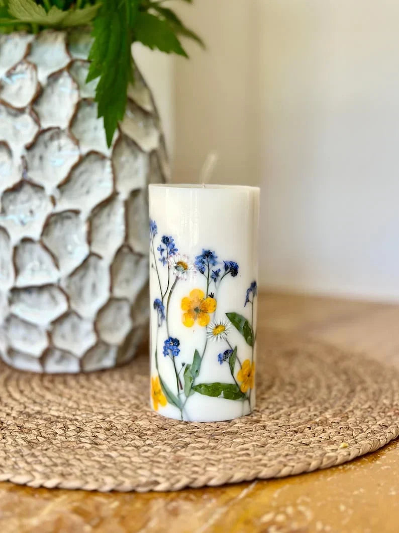 Vela de soja con estampado floral, vela aromática, 14 cm x 7 cm, 45–50 horas de duración