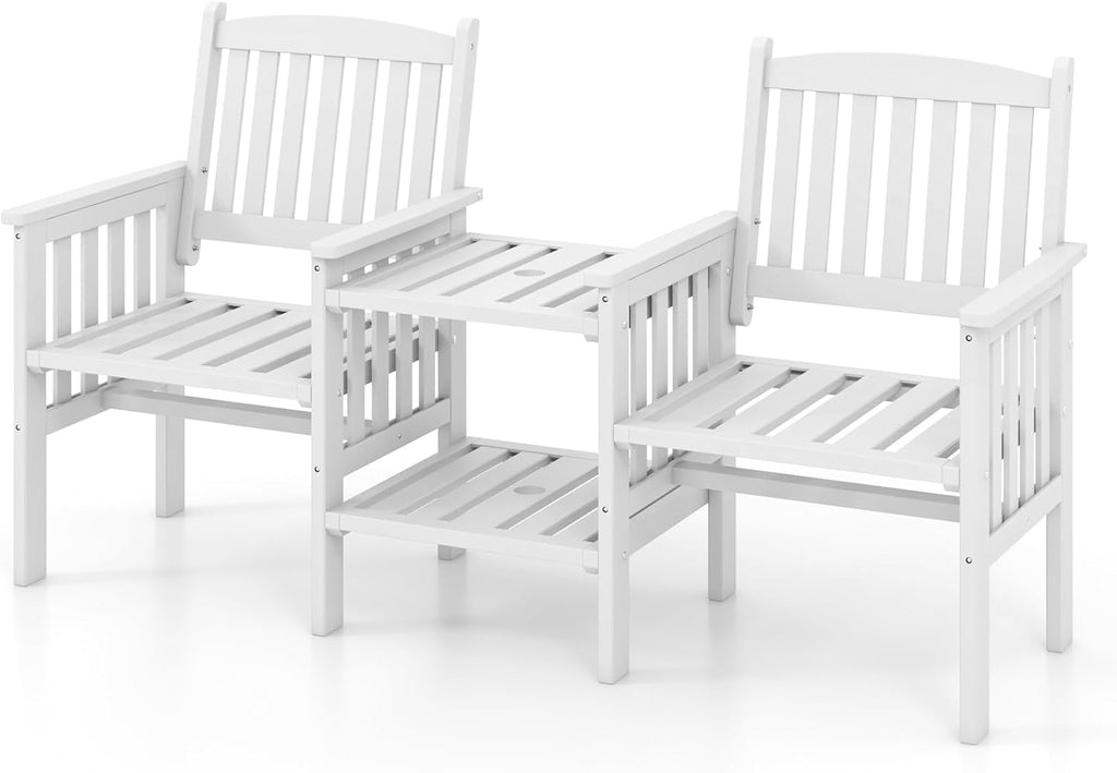 GIANTEX Gartenbank Holz mit Tisch, Holzbank Outdoor 2 Sitzer, Sitzbank Garten mit Schirmloch, Terrassenbank aus Tannenholz bis 330 kg belastbar, Friesenbank Kinobank für Balkon Terrasse 165x60x88 cm