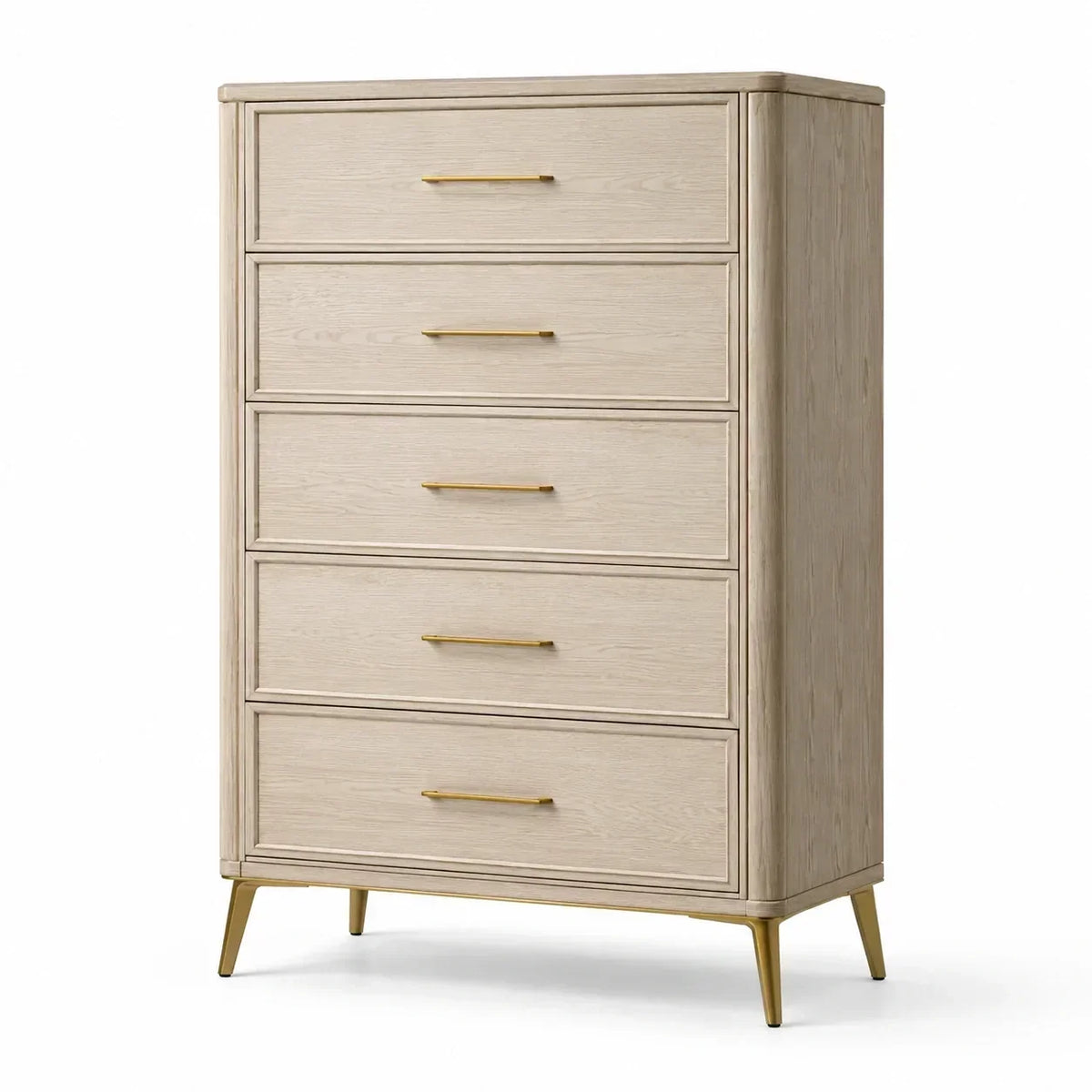 Cómoda de madera de roble con cinco cajones, color beige, 120 cm de altura