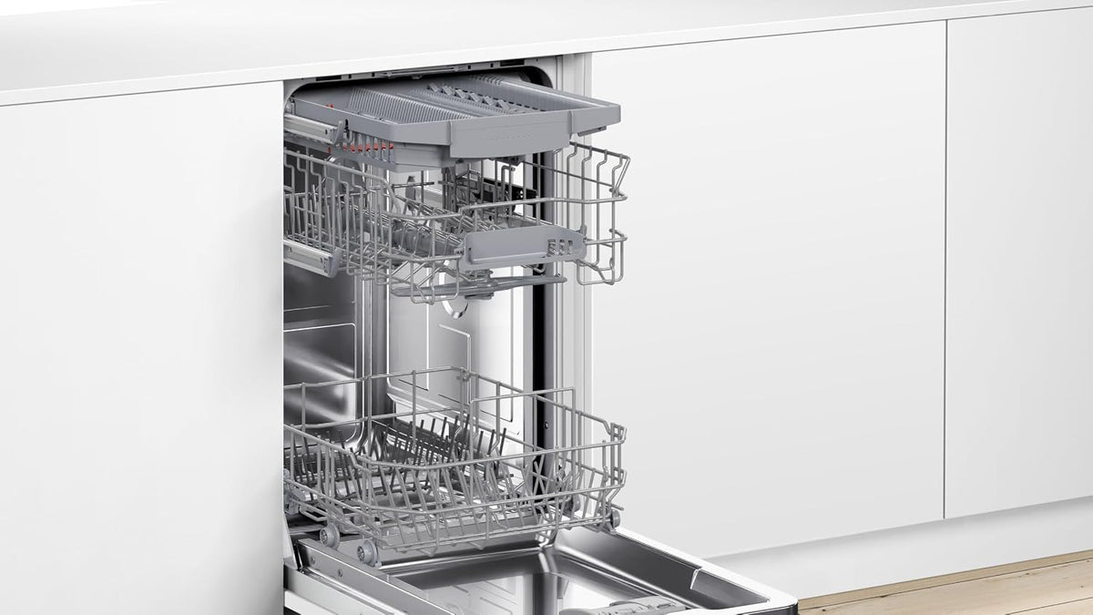 Bosch SPV2HMX42E, Serie 2, Smarter Geschirrspüler Vollintegriert, 45 cm breit, Besteckschublade, extra Trocknung auf Knopfdruck, höhenverstellbarer Oberkorb, leiser und effizienter Motor, mit aquaStop