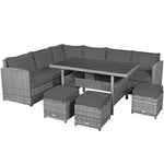 Conjunto de muebles de comedor para patio de 7 piezas de ratán con sofá seccional, mesa de comedor, otomanas y cojines