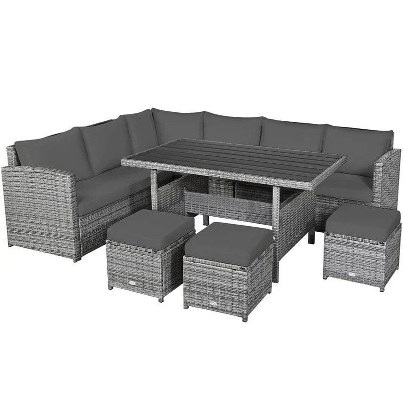 Conjunto de muebles de comedor para patio de 7 piezas de ratán con sofá seccional, mesa de comedor, otomanas y cojines