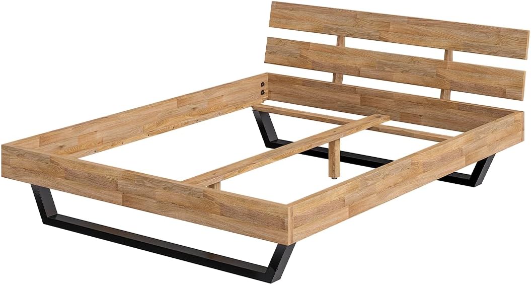 skølm Alver Massivholzbett 160x200 cm – Bettgestell aus Massivholz Eiche geölt – Holzbett mit schwarzen Metallkufen – hochwertiges Bett mit 2 Streben als Bettkopf – Bettrahmen geeignet als Doppelbett