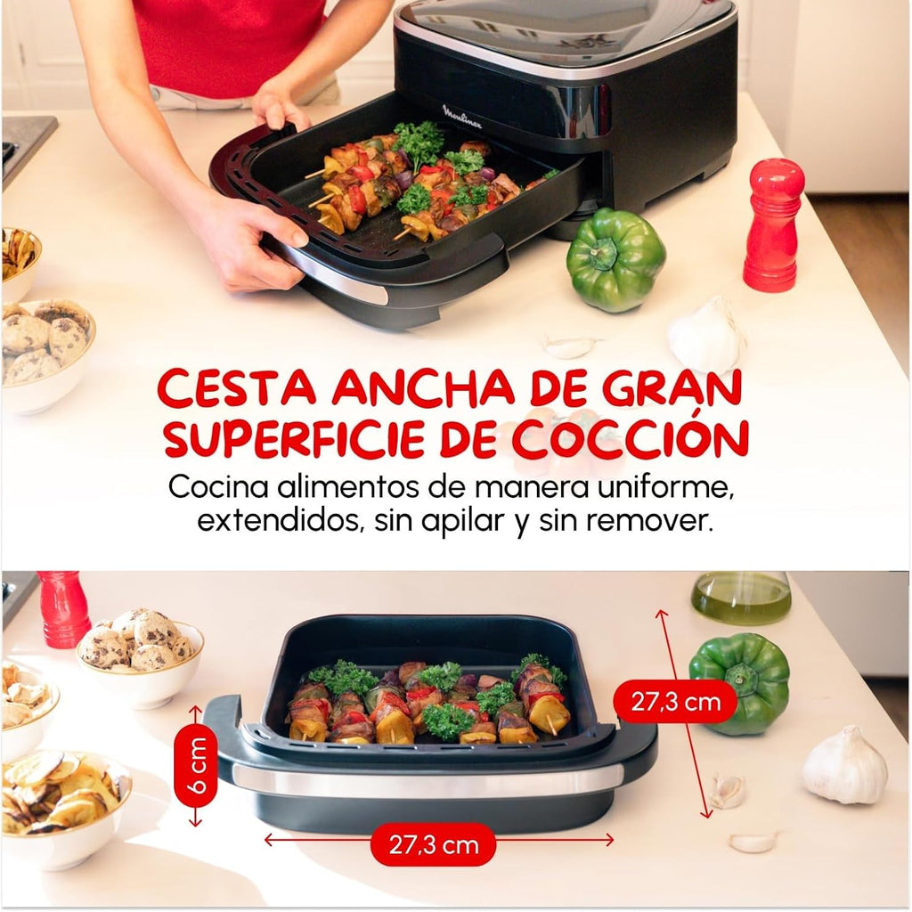 Moulinex Freidora de Aire Easy Fry XL Surface, 2200 W, doble resistencia, cocción uniforme, cesta ancha, 10 programas automáticos, horno para pizzas, diseño compacto, ventana de visualización, AL4018