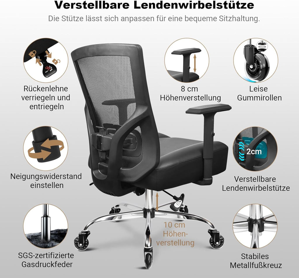 Silla de oficina MELOKEA 200KG XXL, cojín de asiento con muelles ensacados extrancho y extragrueso, ruedas de goma, soporte lumbar ajustable, bloqueo de inclinación continuo, gaming y oficina [cojín lumbar incluido]