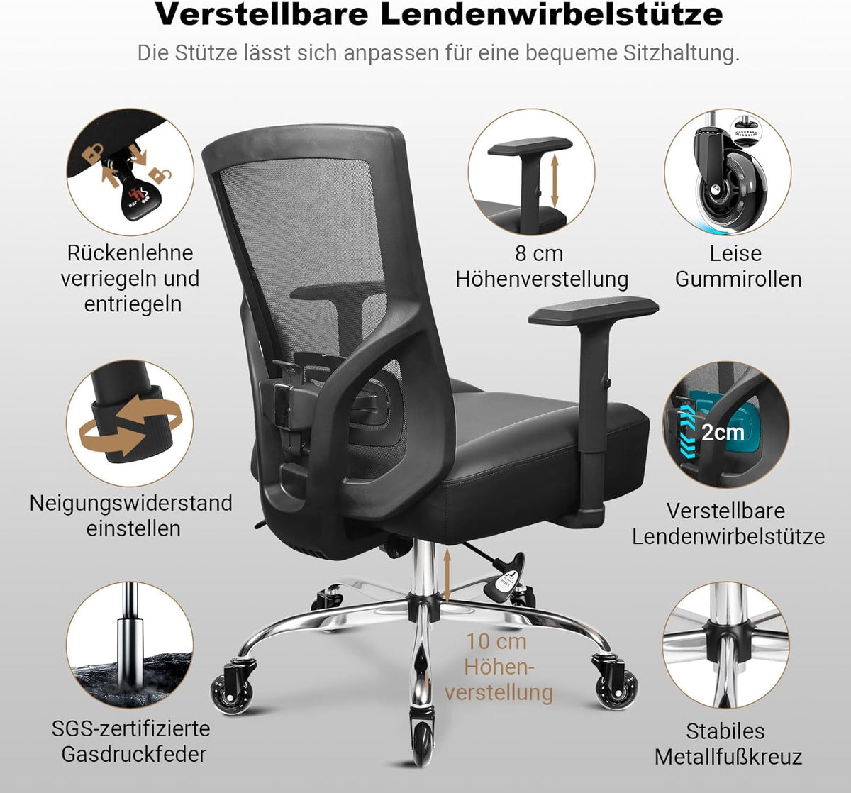 Silla de oficina MELOKEA 200KG XXL, cojín de asiento con muelles ensacados extrancho y extragrueso, ruedas de goma, soporte lumbar ajustable, bloqueo de inclinación continuo, gaming y oficina [cojín lumbar incluido]