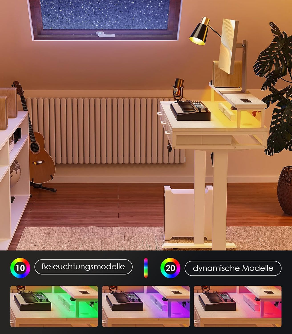 OffiGo Elektrischer Schreibtisch mit Schubladen, 120cm Höhenverstellbarer Schreibtisch mit Monitorständer, Standing Desk mit Steckdosen und Lichtleiste, Tisch Höhenverstellbar Bürotisch, Weiß