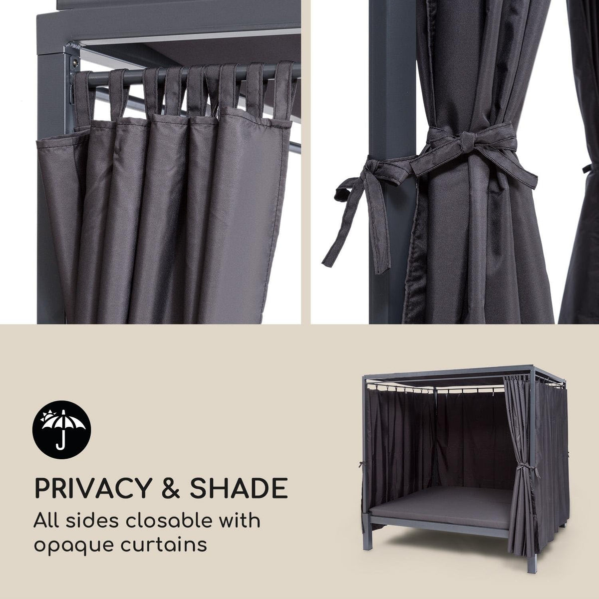 blumfeldt Senator Lounge - Tumbona de jardín doble con toldo, cenador tipo lounge, 188 x 208 x 205 cm, acolchado cómodo, cortinas de privacidad, resistente al agua, estructura de acero, máx. 350 kg, gris