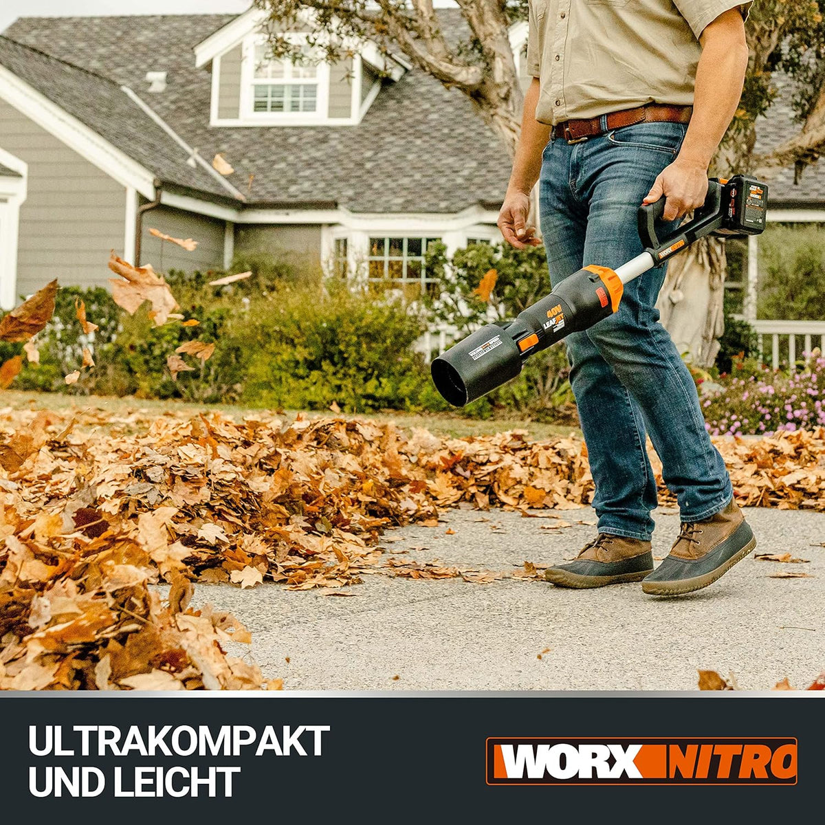 Soplador de hojas inalámbrico WORX Nitro 40V WG585E - motor sin escobillas - 3 velocidades y modo turbo - velocidad del aire de 266 km/h - caudal de aire de 1053 m³/h - incluye 2 baterías de 4 Ah y cargador dual rápido de 4 A