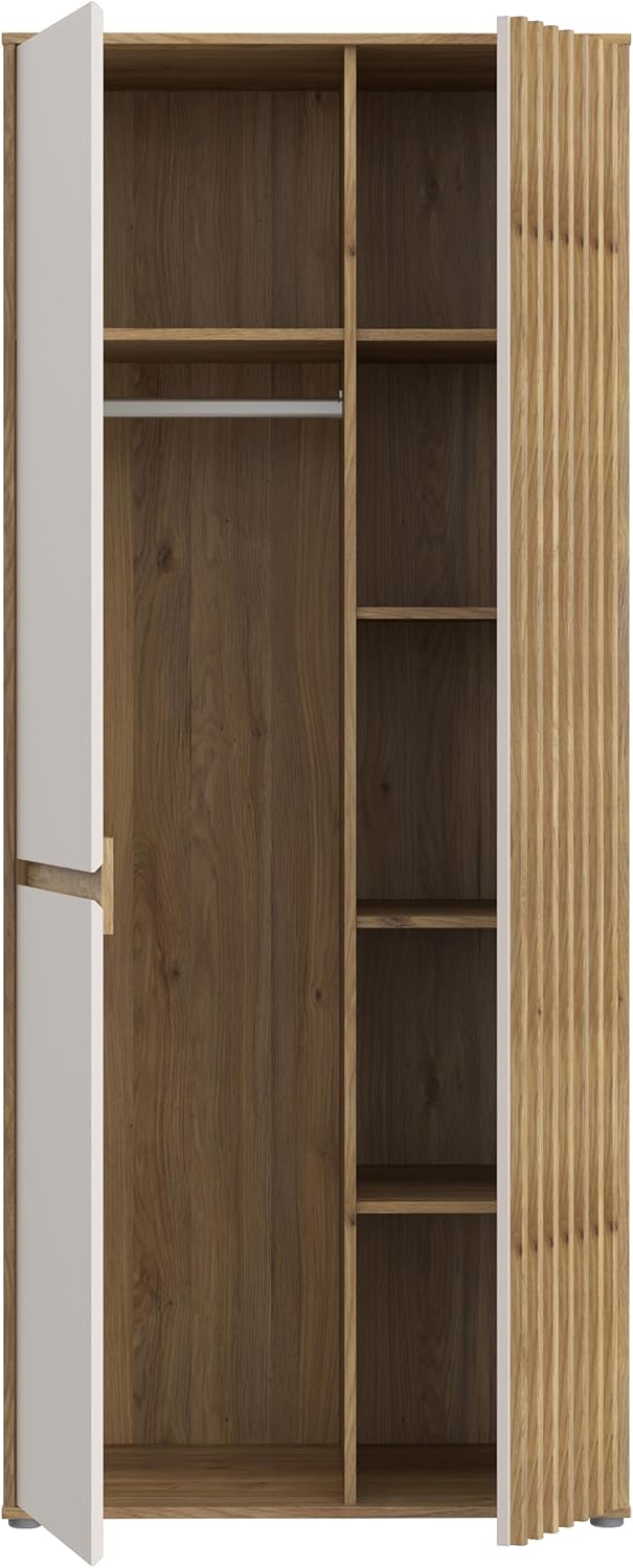 Armario Forte ELISTON 80 90, armario moderno con diseño de listones, 2 puertas, madera técnica, dormitorio, decoración de madera de roble Mauvella|Beige Cachemira, 84 cm de ancho x 200,1 cm de alto x 54 cm de profundidad