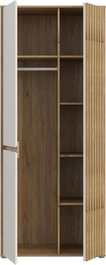 Armario Forte ELISTON 80 90, armario moderno con diseño de listones, 2 puertas, madera técnica, dormitorio, decoración de madera de roble Mauvella|Beige Cachemira, 84 cm de ancho x 200,1 cm de alto x 54 cm de profundidad