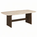 Mesa de comedor rectangular con tablero de travertino y base de madera maciza 180x90x75 cm beige/marrón