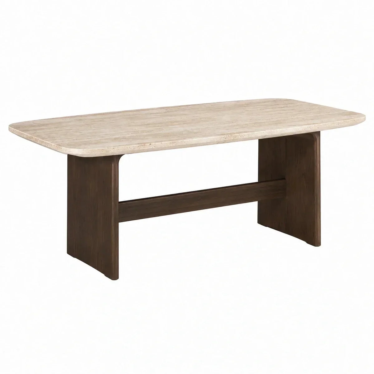 Mesa de comedor rectangular con tablero de travertino y base de madera maciza 180x90x75 cm beige/marrón