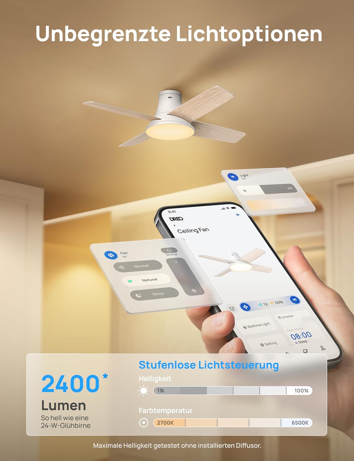 El ventilador de techo con luz DREO ofrece doce velocidades, tres modos y un motor de corriente continua silencioso. Montaje sencillo, LED regulable, mando a distancia y temporizador de 12 horas en color blanco.