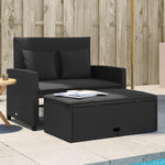 vidaXL Gartensofa mit Kissen 2-Sitzer, Outdoor Sofa mit Hocker mit Staufach, Couch mit abnehmbarm Bezug, Gartebmöbel Gartengarnitur, Schwarz Poly Rattan