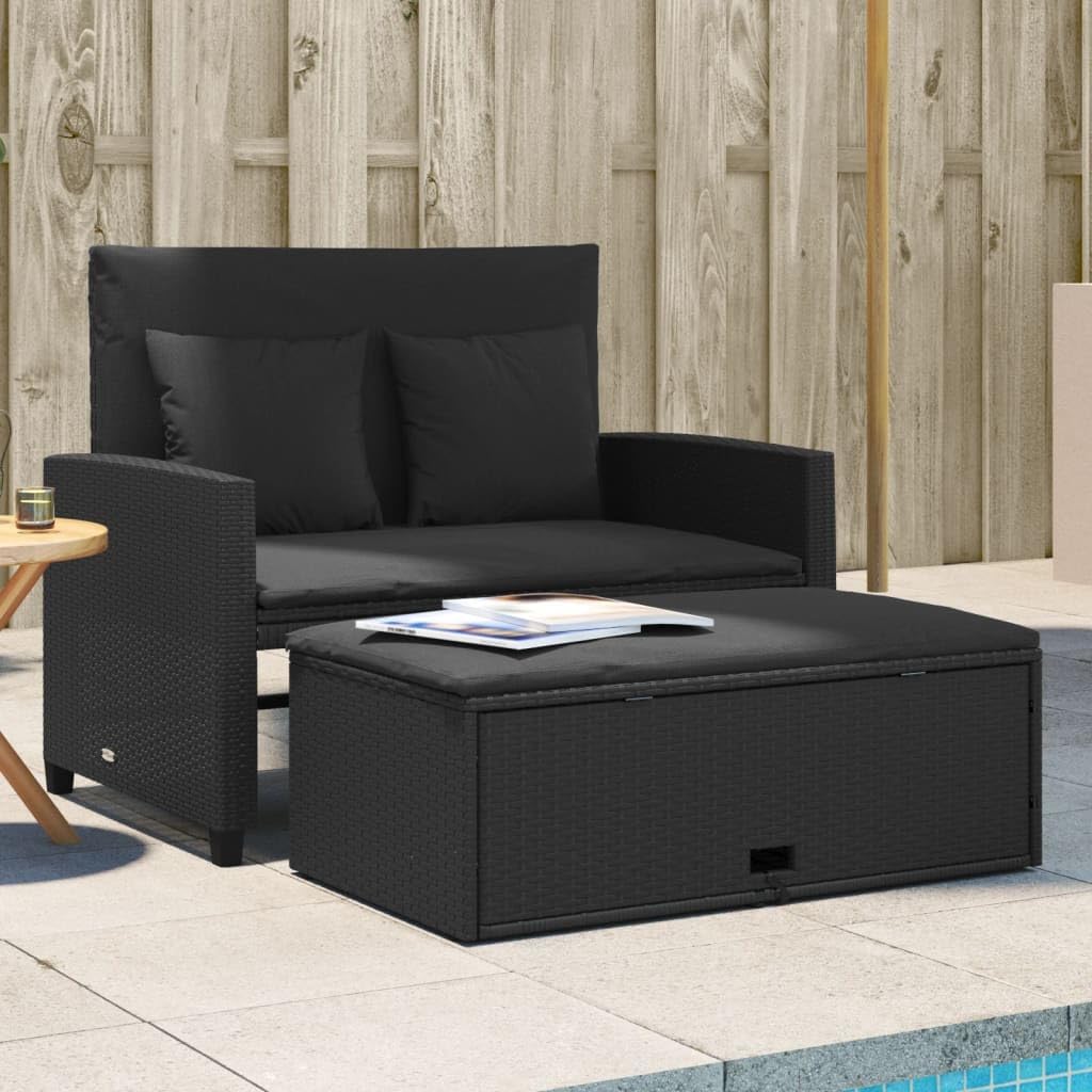 vidaXL Gartensofa mit Kissen 2-Sitzer, Outdoor Sofa mit Hocker mit Staufach, Couch mit abnehmbarm Bezug, Gartebmöbel Gartengarnitur, Schwarz Poly Rattan
