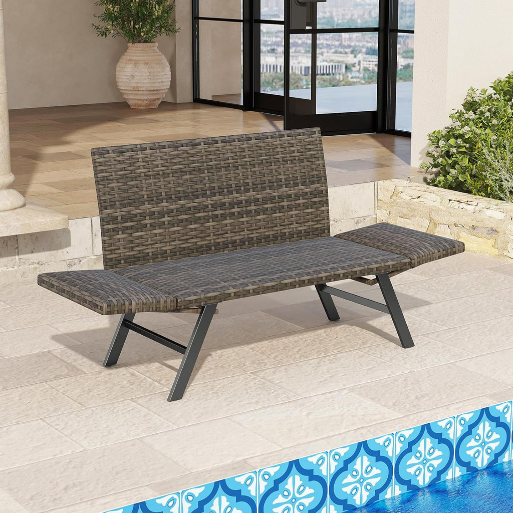 GIANTEX Sofá de jardín de ratán, banco de jardín con función de reclinado, sofá cama para exteriores con reposabrazos plegables, banco de balcón con acolchado de espuma de secado rápido, muebles de balcón, banco de tumbona para balcón