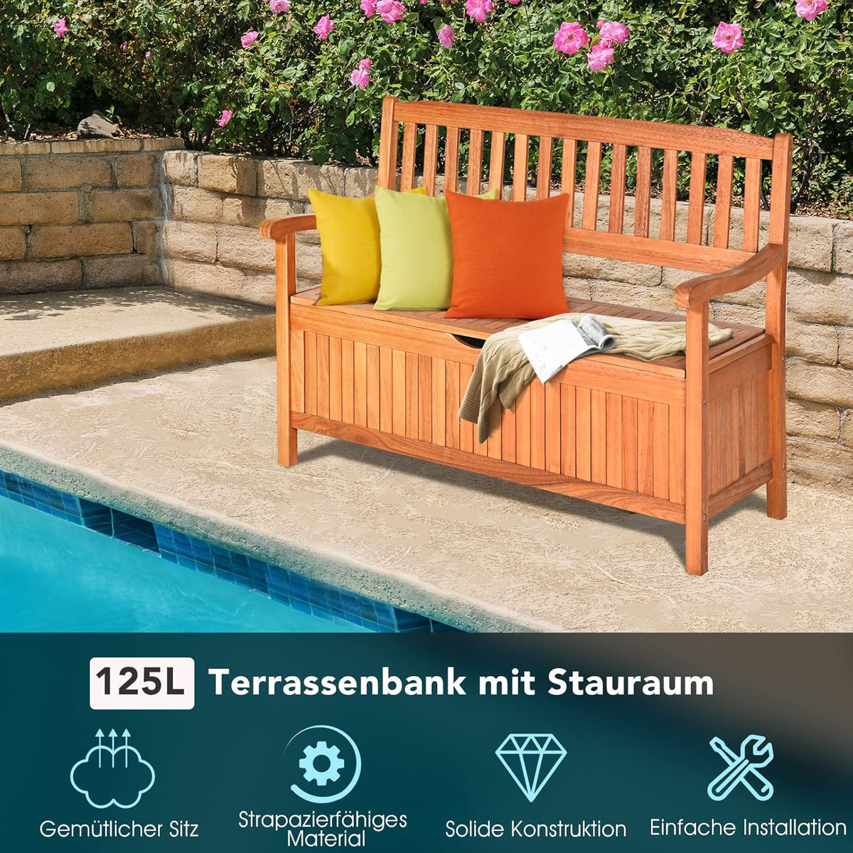 GOPLUS Gartenbank mit Stauraum, Sitzbank aus Akazienholz für 2 Personen, Truhenbank mit Rücklehne & Armlehne, Holzbank für Garten Terrasse Outdoor, mit Aufbewahrungsbox, belastbar bis 360kg