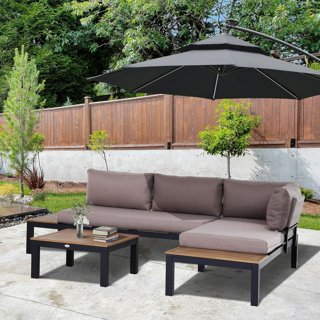 Outsunny 3-teiliges Gartenmöbel-Set mit Beistelltisch, Sofa mit Kissen, Outdoor, Aluminium, 164 x 74 x 69 cm