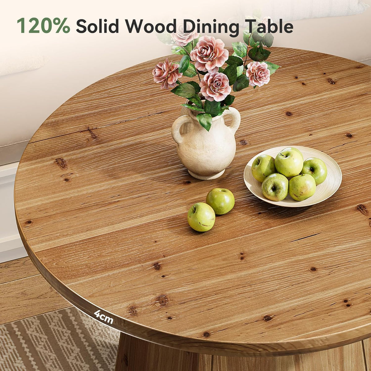 Mesa de comedor de madera maciza para 4 personas, pequeña mesa de cocina redonda con tablero reforzado y base estable para comedor, sala de estar, cocina, 100 x 75 cm, estilo rústico (solo mesa)