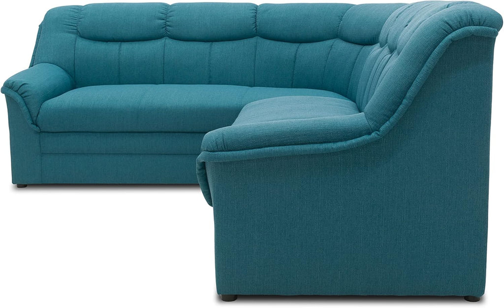 DOMO. collection Ecksofa Berlin, Zeitlose Eckcouch, 3 Sitzer rechts mit Schlaffunktion und Federkern-Polsterung, Sofa in L-Form, Couch, 205 x 250 x 89 cm, Petrol