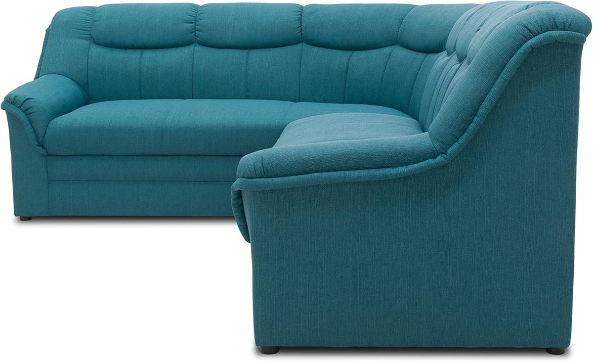 DOMO. collection Ecksofa Berlin, Zeitlose Eckcouch, 3 Sitzer rechts mit Schlaffunktion und Federkern-Polsterung, Sofa in L-Form, Couch, 205 x 250 x 89 cm, Petrol
