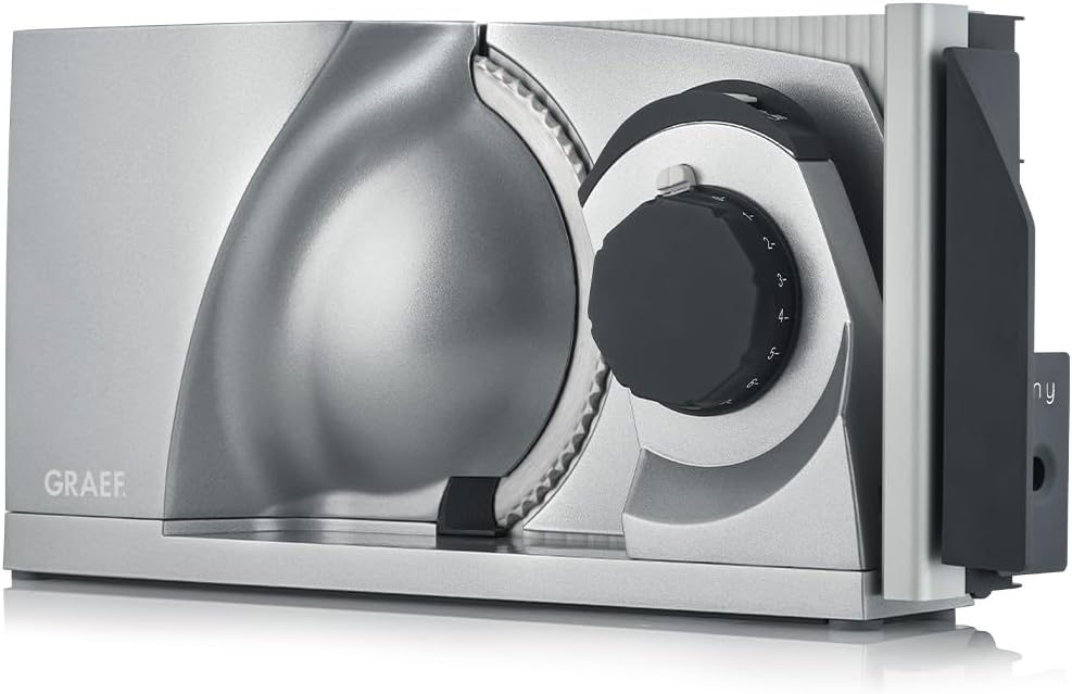 GRAEF. MYtiny MT1000 - Klappbarer Allesschneider, Made in Germany, Vollmetall, Wellenschliffmesser 170 mm, Schnittstärke 0-15 mm, Energiesparmotor 170 W, Brotschneidemaschine klappbar, Kompakt, Silber