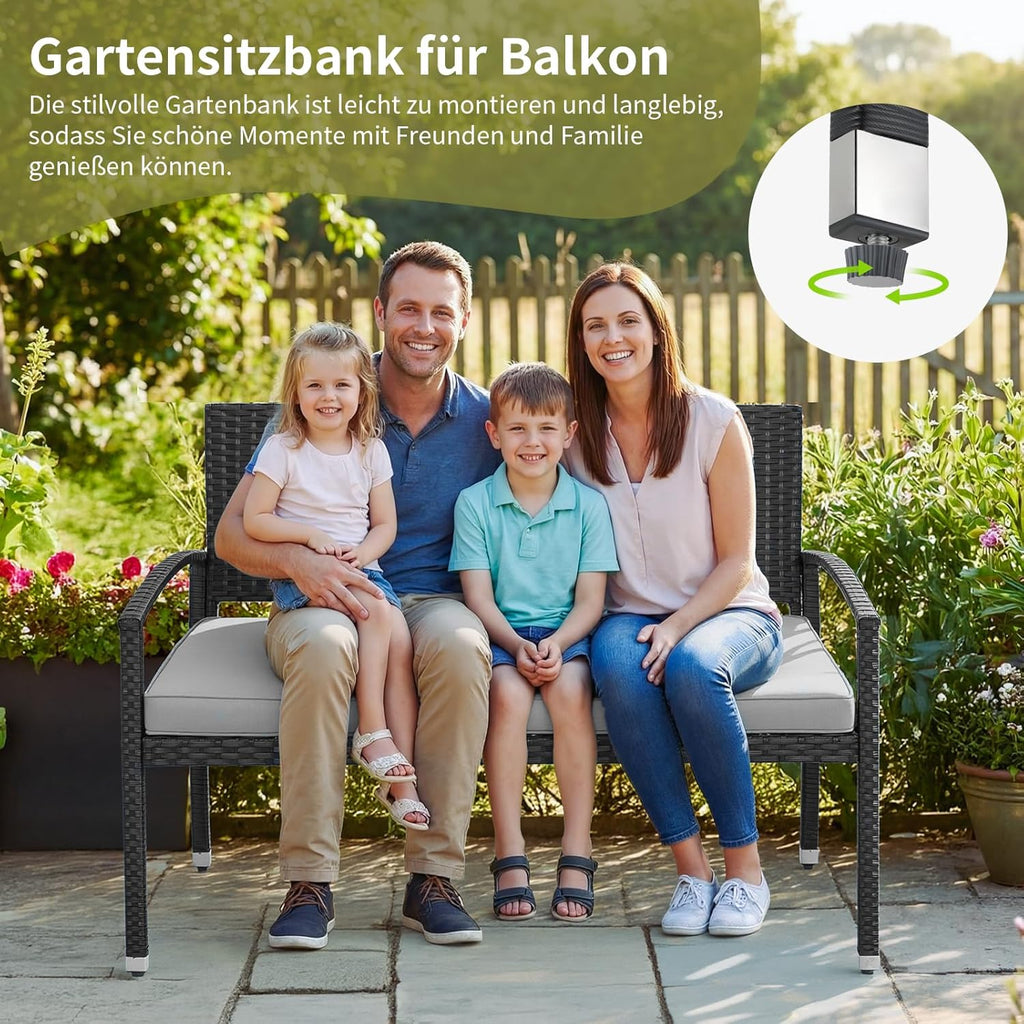 LIFERUN Banco de jardín resistente a la intemperie con cojín, banco de polirratán de 2 plazas, capacidad de carga de 320 kg, cómodo banco de jardín para exterior, 122x60x90 cm, banco de balcón para balcón pequeño, jardín, terraza, negro