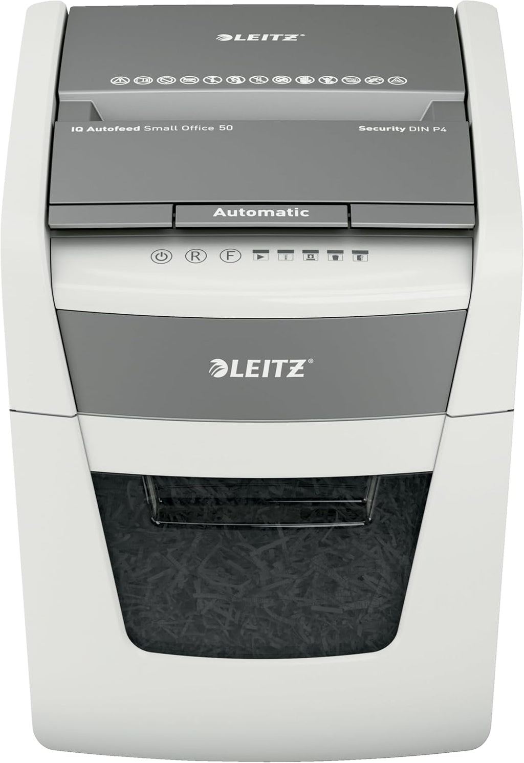 Destructora de documentos Leitz IQ Autofeed Small Office, tritura pilas de 50 hojas de papel, ahorra tiempo con alimentación automática, corte en partículas P4, papelera de 20 L, funcionamiento silencioso para oficina, 80350000