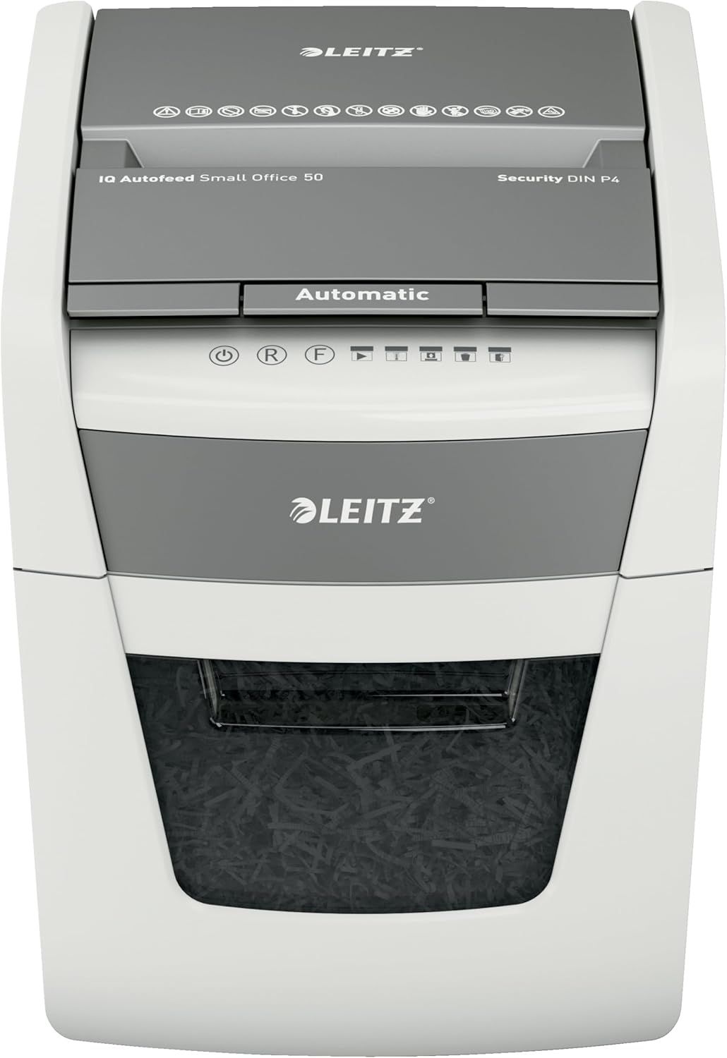 Destructora de documentos Leitz IQ Autofeed Small Office, tritura pilas de 50 hojas de papel, ahorra tiempo con alimentación automática, corte en partículas P4, papelera de 20 L, funcionamiento silencioso para oficina, 80350000