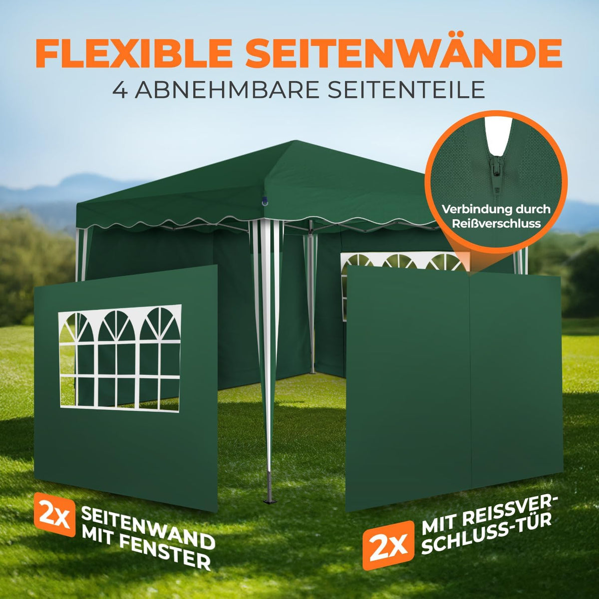 Gazebo plegable impermeable Kronenburg, dimensiones del techo 3 x 3 m, protección UV 50+, cenador en verde con 4 paneles laterales