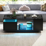Mesa de centro de alto brillo Merax con iluminación LED y cajón – Mesa de sofá de 100x50x36 cm, mesa de salón con 4 compartimentos laterales, mesa de centro minimalista en negro