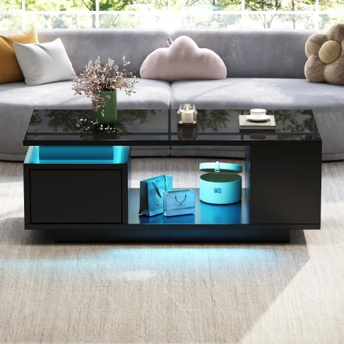 Mesa de centro de alto brillo Merax con iluminación LED y cajón – Mesa de sofá de 100x50x36 cm, mesa de salón con 4 compartimentos laterales, mesa de centro minimalista en negro
