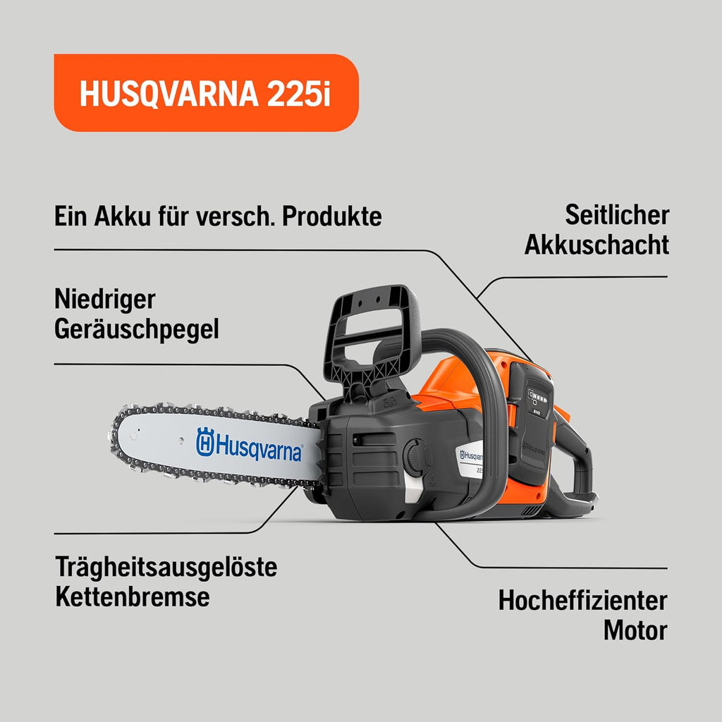 Husqvarna 225i Akku-Kettensäge - Leicht, kabellos, leise, 14″ Schiene, 20 m/s Kettengeschwindigkeit, ideal für Baumschnitt und Gartenpflege (inkl. Akku & Ladegerät)