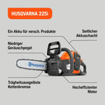 Husqvarna 225i Akku-Kettensäge - Leicht, kabellos, leise, 14″ Schiene, 20 m/s Kettengeschwindigkeit, ideal für Baumschnitt und Gartenpflege (inkl. Akku & Ladegerät)