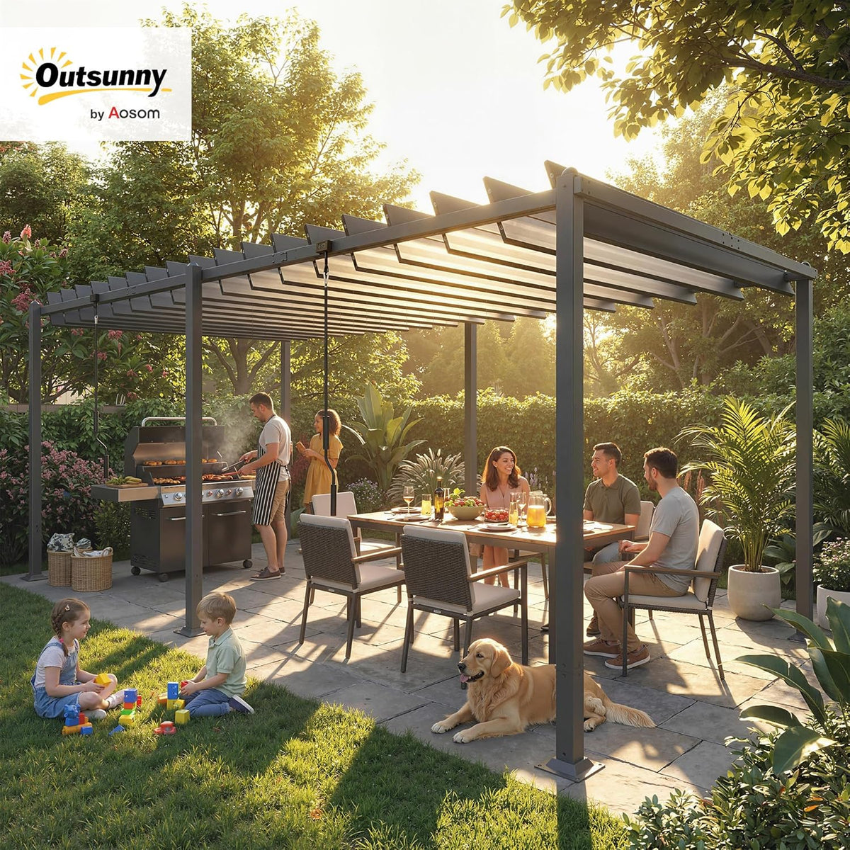 Pérgola de jardín Outsunny 3x5,7 m, cenador de jardín con techo de lamas ajustable a 90°, manivela, estructura de aluminio, protección UPF50+, pabellón para exterior, patio, terraza, gris oscuro