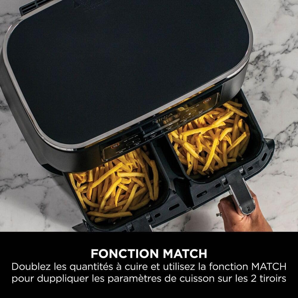 Freidora de aire NINJA Foodi DualZone, 2 compartimentos, 2 zonas de cocción independientes, capacidad de 7,6 L, freidora de aire 6 en 1, máx. 240 °C, piezas antiadherentes extraíbles aptas para lavavajillas, negro AF300EU