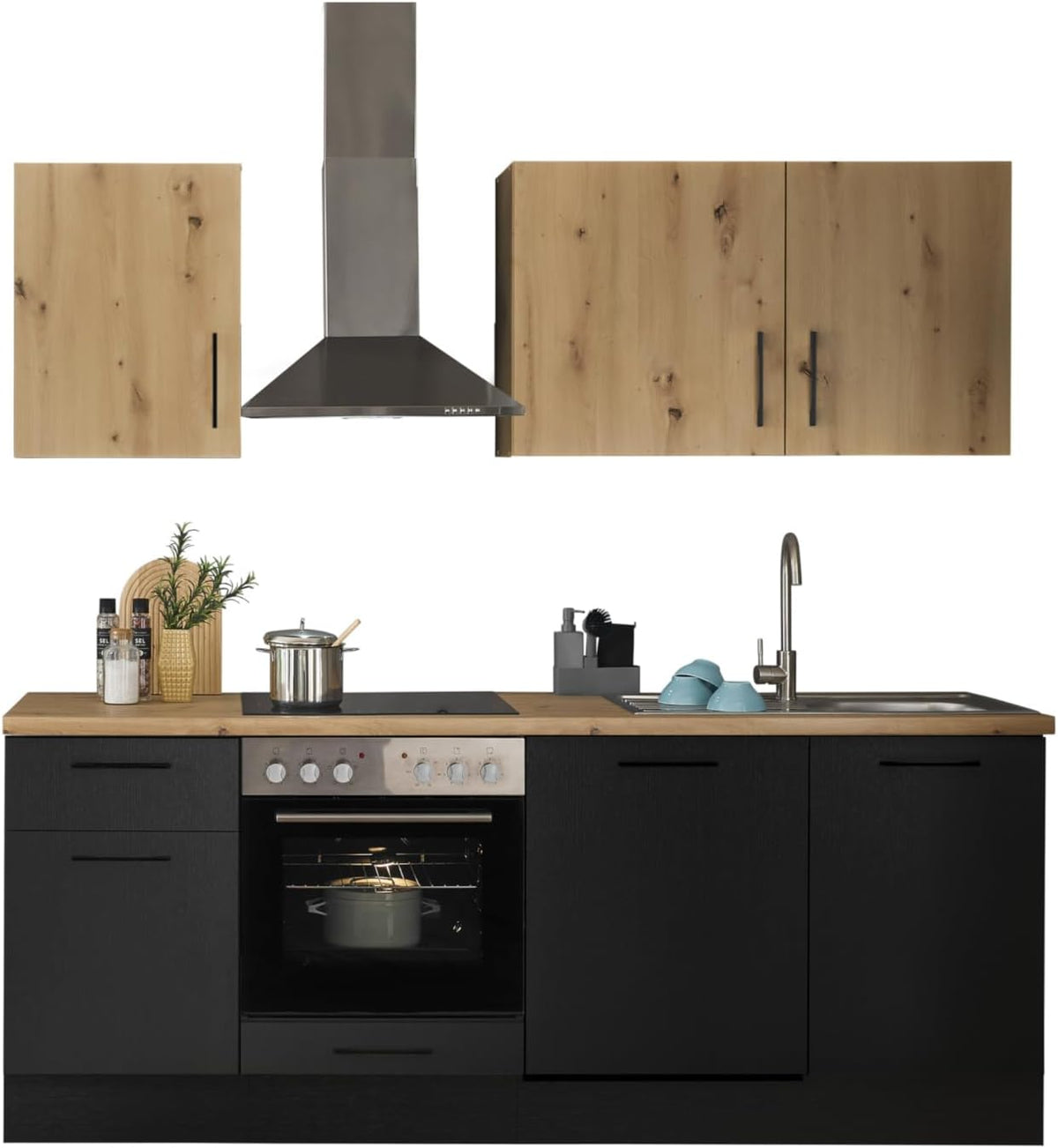 Stella Trading Turin Z Cocina compacta 220 x 211 x 60 cm, negro - Sin electrodomésticos - Cocina moderna y espaciosa en aspecto de roble Artisan con mucho espacio de almacenamiento