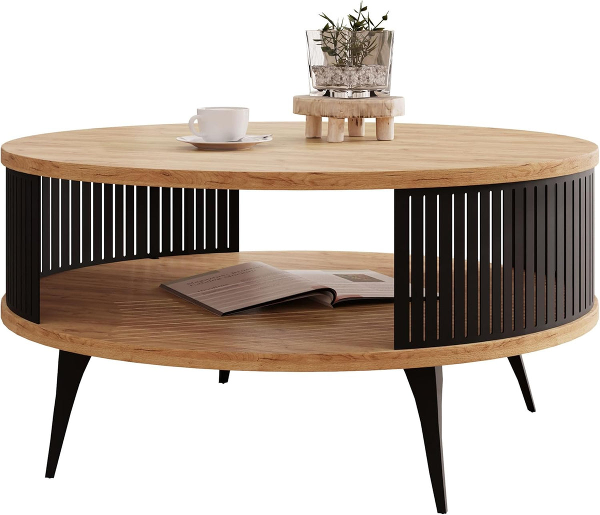 Mirjan24 Couchtisch mit Ablage Rajkon, Runde Form, Metallbeine, Kaffeetisch, Wohnzimmertische, Beistelltisch, Sofatisch, Teetisch (Eiche Craft Gold, Schwarz)