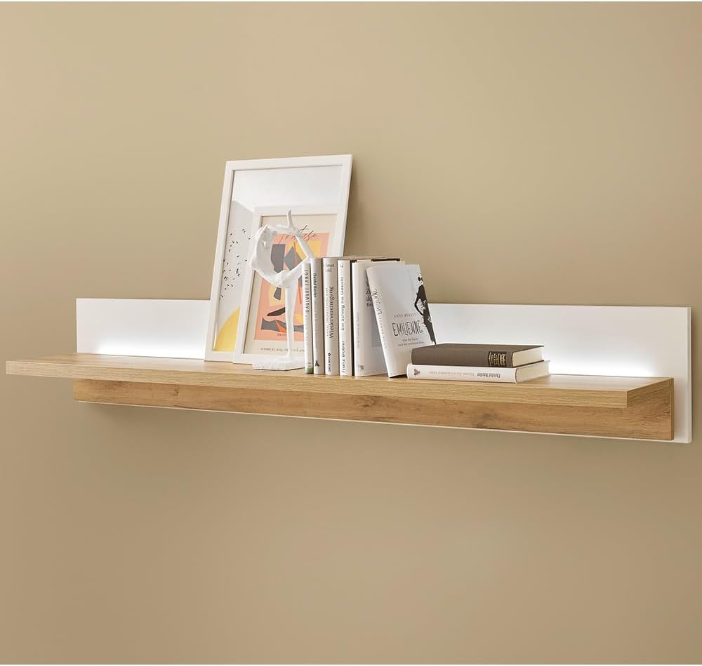 Set de muebles de salón Lomadox de 4 piezas, color blanco y roble, estilo moderno: 1 vitrina, 1 armario alto, 1 mueble bajo, 1 estante de pared, incl. iluminación LED