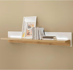 Set de muebles de salón Lomadox de 4 piezas, color blanco y roble, estilo moderno: 1 vitrina, 1 armario alto, 1 mueble bajo, 1 estante de pared, incl. iluminación LED