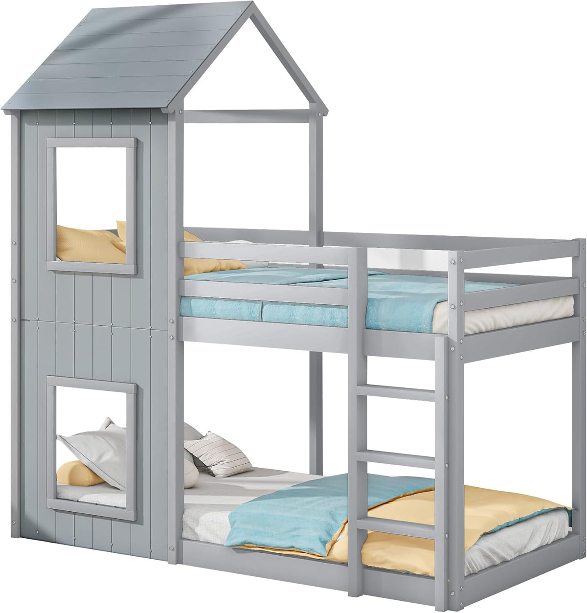 Cama infantil 90x200 cm, litera para 2 niños, cama alta con protección anticaídas, litera en forma de casa del árbol para niños y niñas, cama individual de madera maciza, cama de juegos, sin colchón, gris