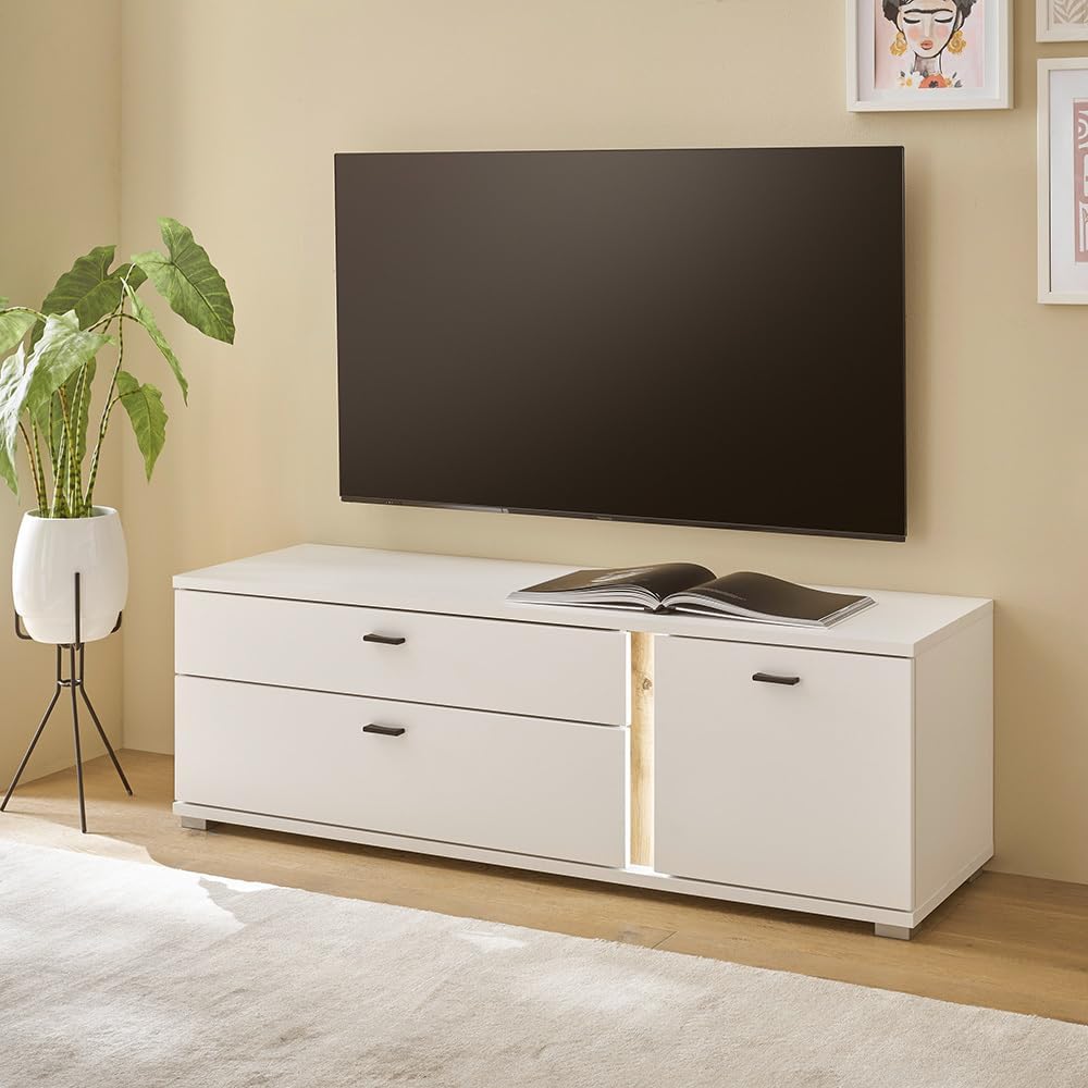 Set de muebles de salón Lomadox de 4 piezas, color blanco y roble, estilo moderno: 1 vitrina, 1 armario alto, 1 mueble bajo, 1 estante de pared, incl. iluminación LED