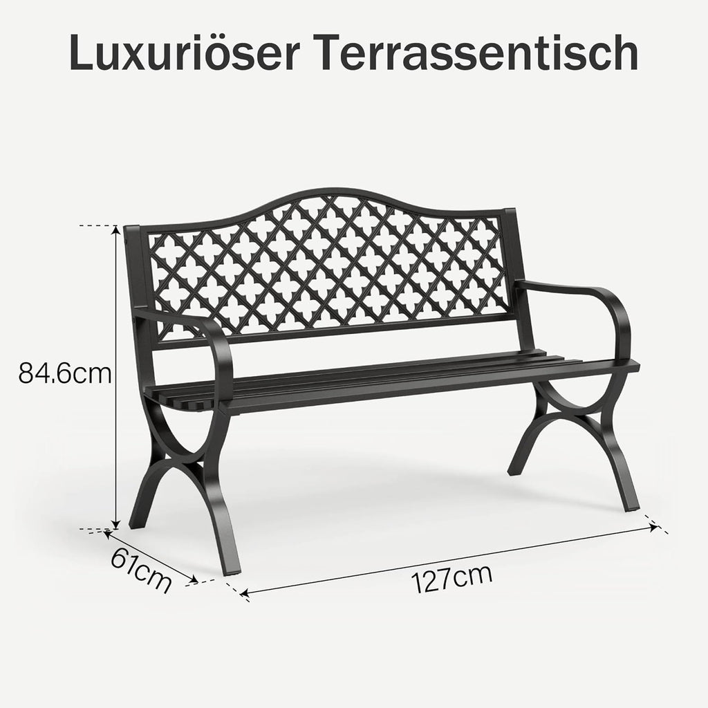 PHI VILLA Schwarze Gartenbank mit Rückenlehne aus Gusseisen und stabilem Stahlrahmen 2-3 Sitzer Bank Outdoor für Veranda, Park, Balkon und Garten
