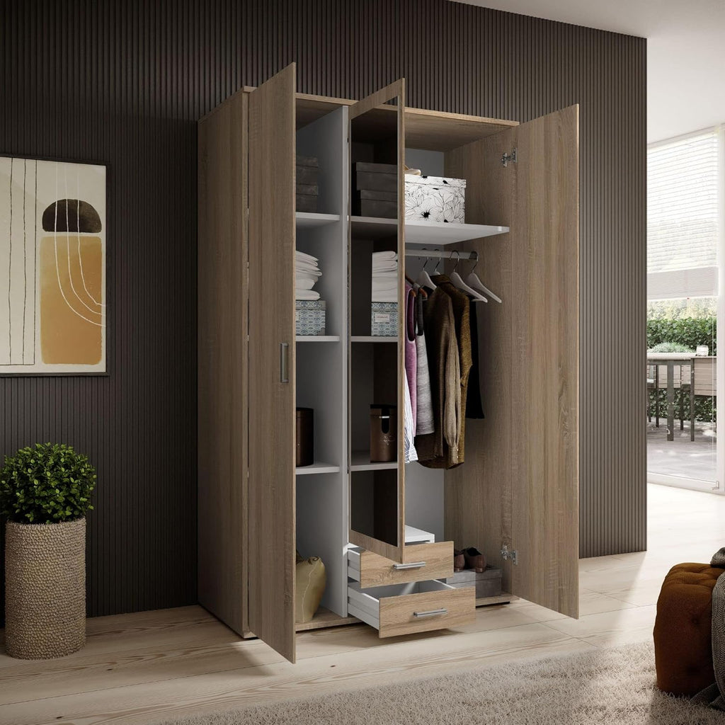 KARL Eleganter 3-türiger Kleiderschrank mit viel Stauraum - Mehrzweckschrank Sonoma Eiche mit Spiegeltür - 120 x 195 x 55 cm