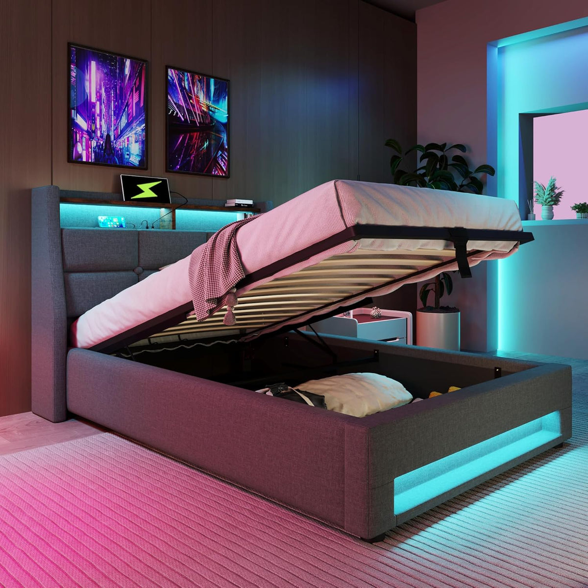 Cama tapizada Kayan 90x200cm, cama individual con almacenamiento y somier, cabecero LED con función de carga USB, cama con almacenamiento, cama funcional, respaldo, estructura de cama, lino (Gris, 90x200cm)