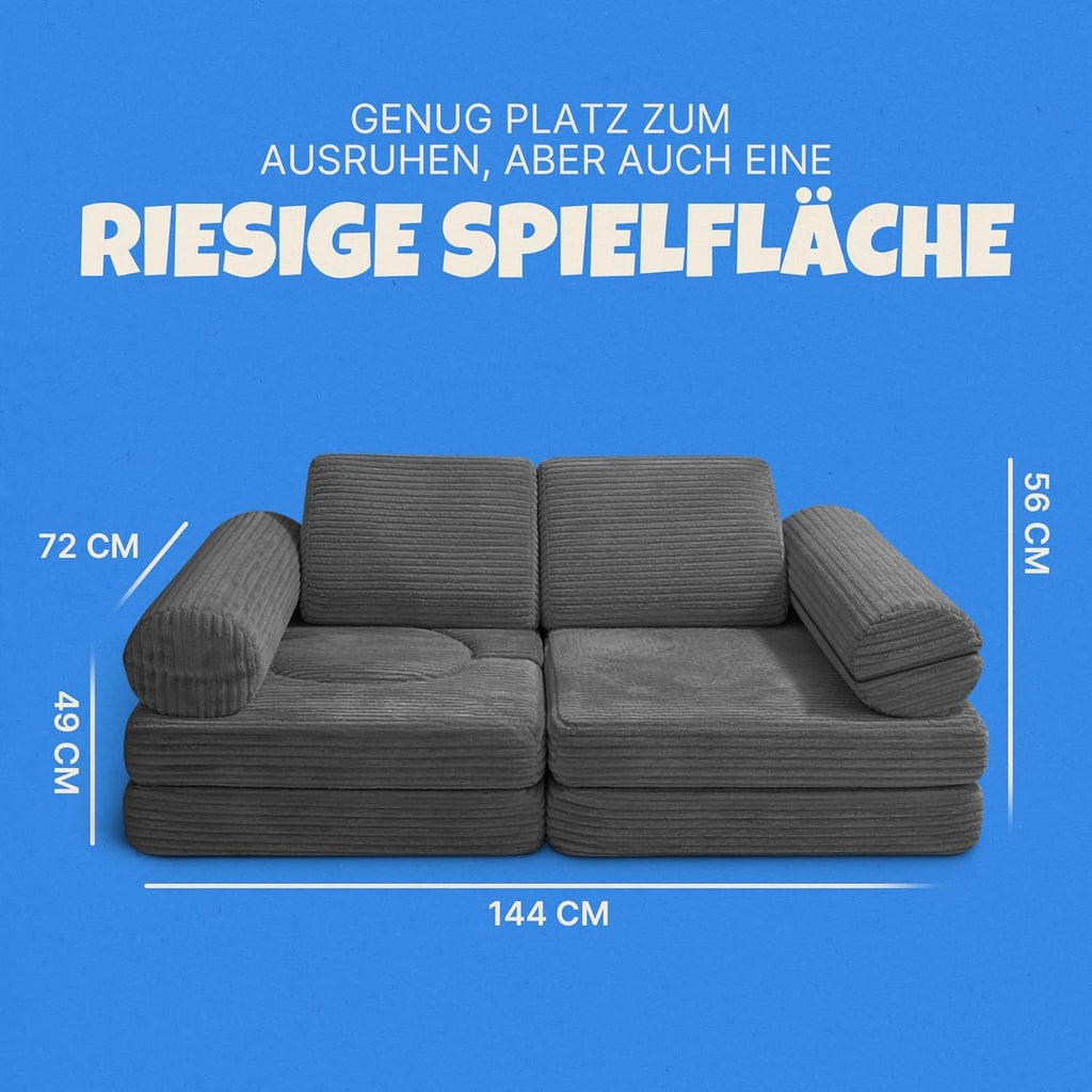 Bestlivings Spielsofa Kinder 11-teilig Bezug (Anthrazit) aus Flanell-Cord – Modulare Spielcouch für kreatives Bauen im Kinderzimmer, formstabil und erweiterbar | ÖKO-Tex Standard 100, Füllung: mittelfest, Bezug abnehmbar, 11 tlg. modular, Atmungsakti