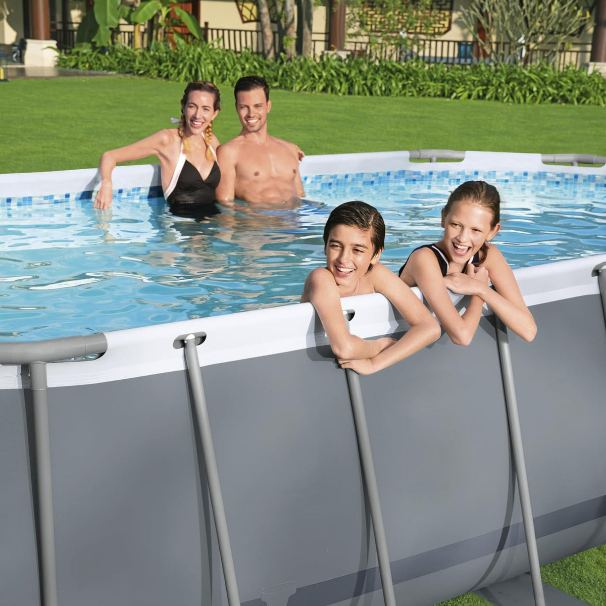 Set de piscina con estructura Bestway Power Steel, ovalada, con bomba de filtrado, 305 x 200 x 84 cm, gris, 5614A
